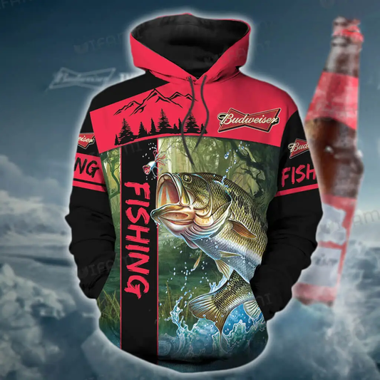 Foxnfish Budweiser Hoodie 3D Fishing On The River Gift For Beer Lovers