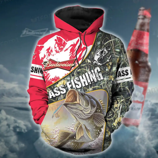 Foxnfish Budweiser Hoodie 3D Bass Fishing Beer Lovers Gift