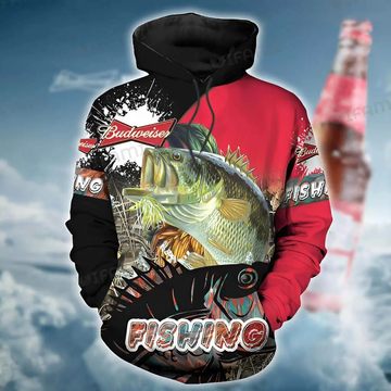 Foxnfish Budweiser Hoodie 3D Fishing Red Gift For Beer Lovers