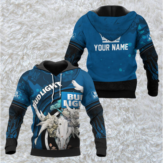 Foxnfish Personalized Bud Light Deer Skull With Mushrooms Hoodie