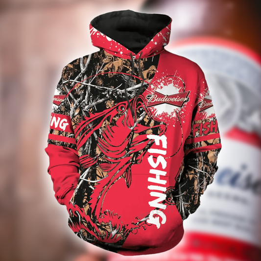 Foxnfish Red Budweiser Hoodie 3D Fishing Gift For Beer Lovers