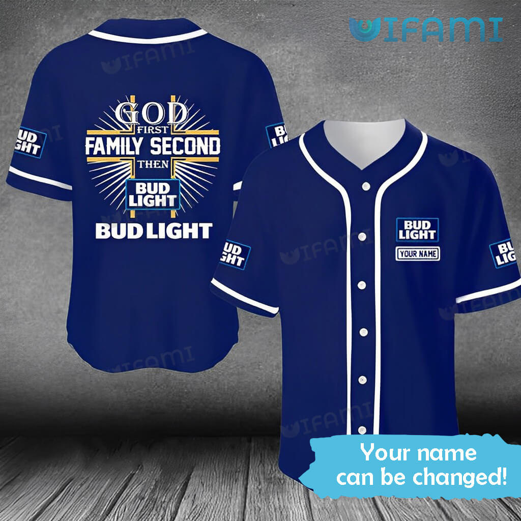 Cheerstee Bud Light Baseball Jersey God First Family Second Then Bud Light Custom Name Gift - Personalized Gifts: Family, Sports, Occasions, Trending