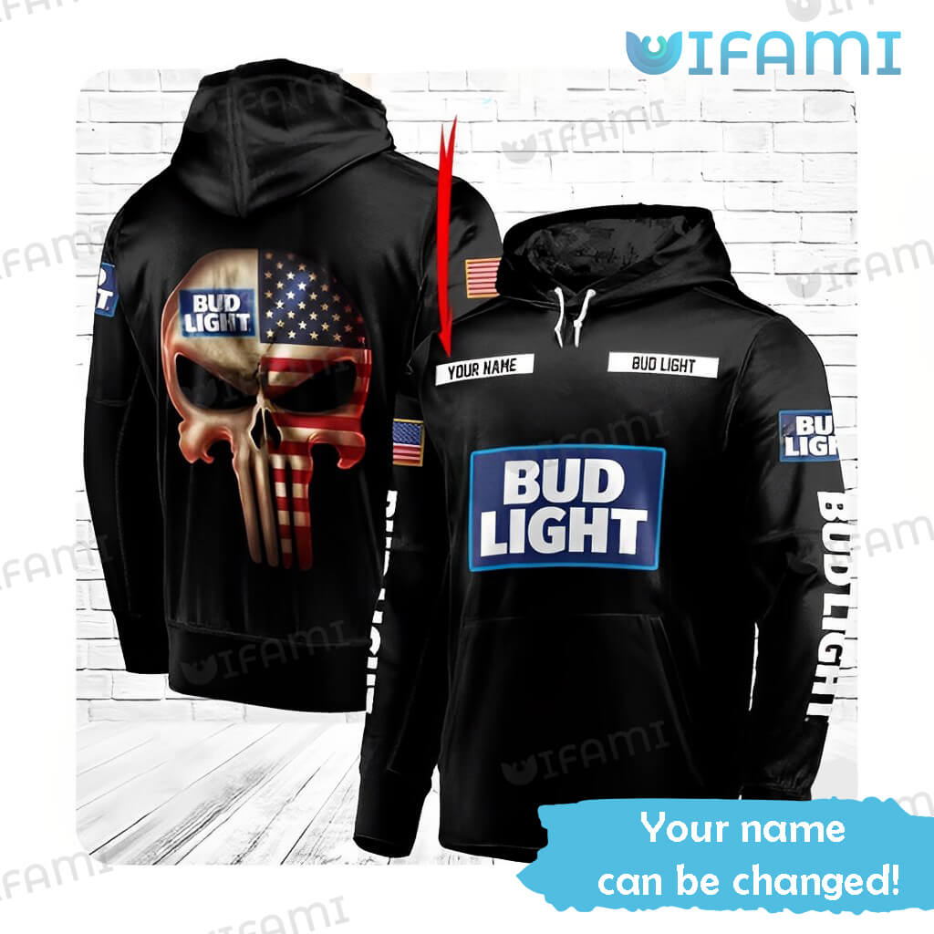 Bud Light Hoodie 3D Punisher Skull US Flag Custom Name Beer Lovers Gift - Personalized Gifts: Family, Sports, Occasions, Trending