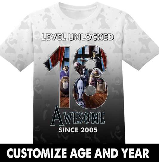 Cartoon Gifts Birthday Gifts Level Unlocked Custom Age and Year Wednesday The Addams Family Tshirt Adult And Kid Tshirt