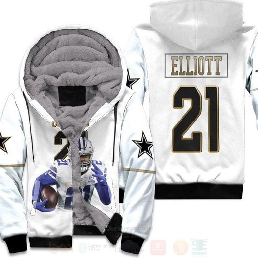 Dallas Cowboys Ezekiel Elliott 21 Nfl 100Th Season White Golden 3D Fleece Hoodie - Hot Sale 2024