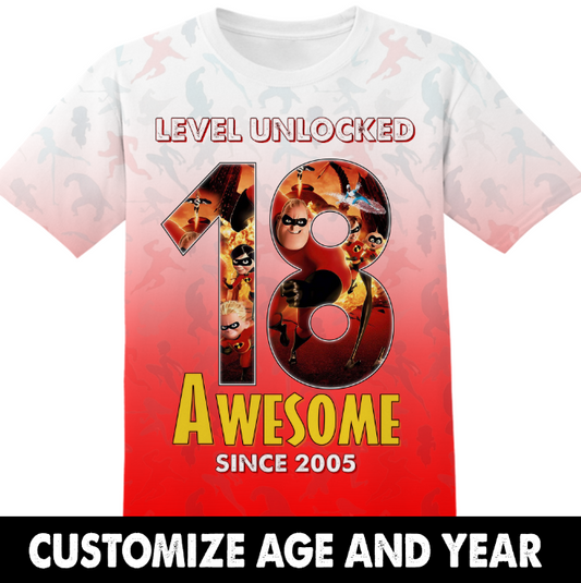 Cartoon Gifts Birthday Gifts Level Unlocked Custom Age and Year superhero family The Incredibles Tshirt Adult And Kid Tshirt