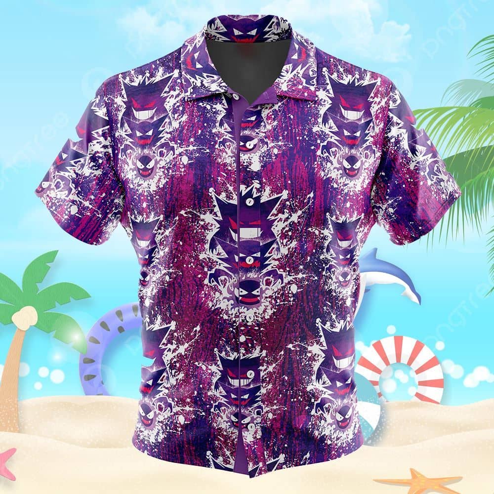 Ghostly Evolution Ghastly Haunter Gengar Pokemon Button Up Hawaiian Shirt