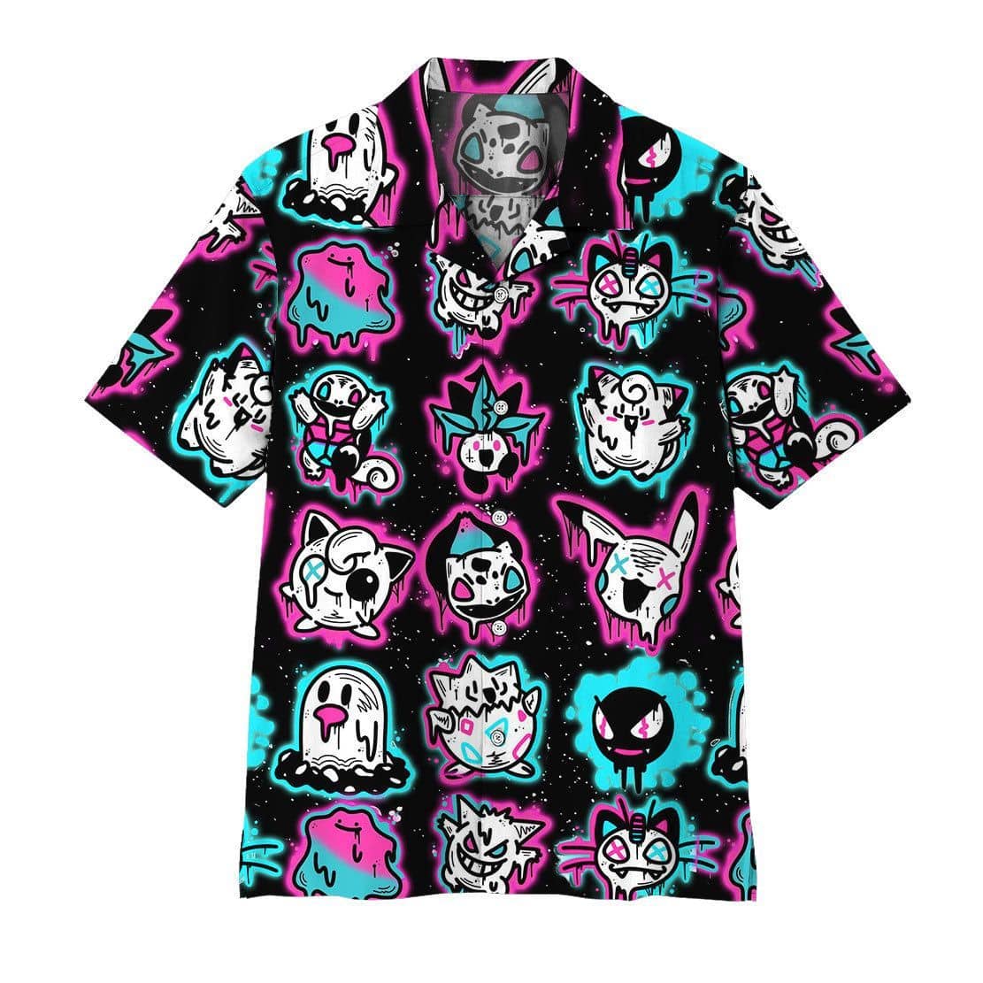 Pokemon Hawaiian Shirt Ghost Pokemons Glowing Light Black Pink Hawaii