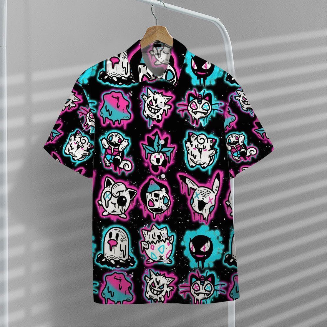 Pokemon Hawaiian Shirt Ghost Pokemons Glowing Light Black Pink Hawaii