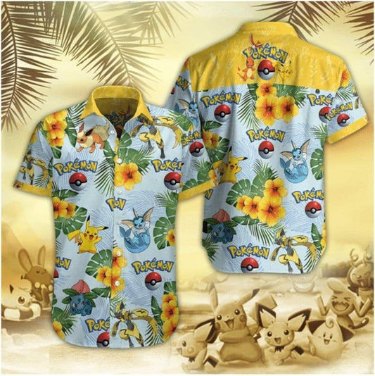 Pokemon Hawaiian Shirt Pikachu Eevee Flower Yellow Hawaii