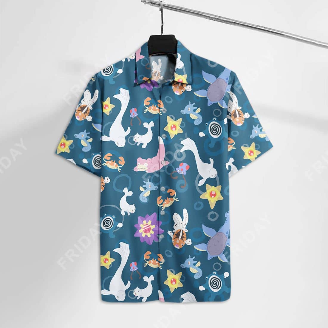 Pokemon Hawaiian Shirt Water Pokemon Dewgong Slowpoke Starmie Pattern Dark Ocean Blue Hawaii