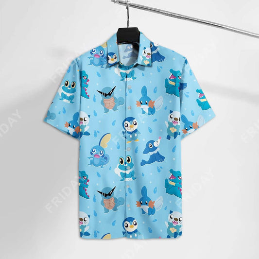 Pokemon Hawaiian Shirt Water Pokemon Oshawott Squirtle Totodile Pattern Blue Hawaii