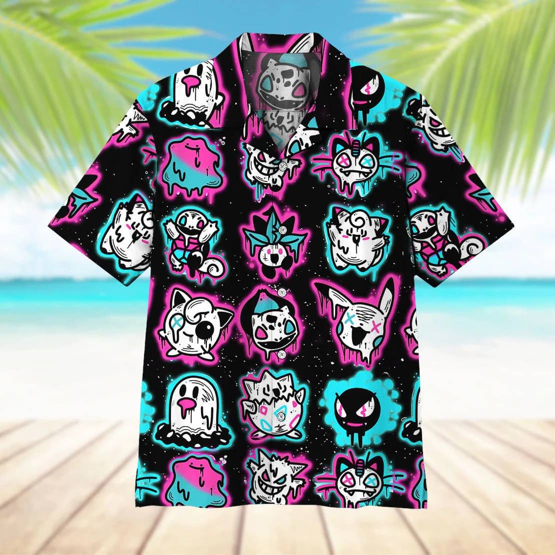 Pokemon Trendy Hawaiian Shirt Ghost Pokemons Glowing Light Black Pink Hawaii