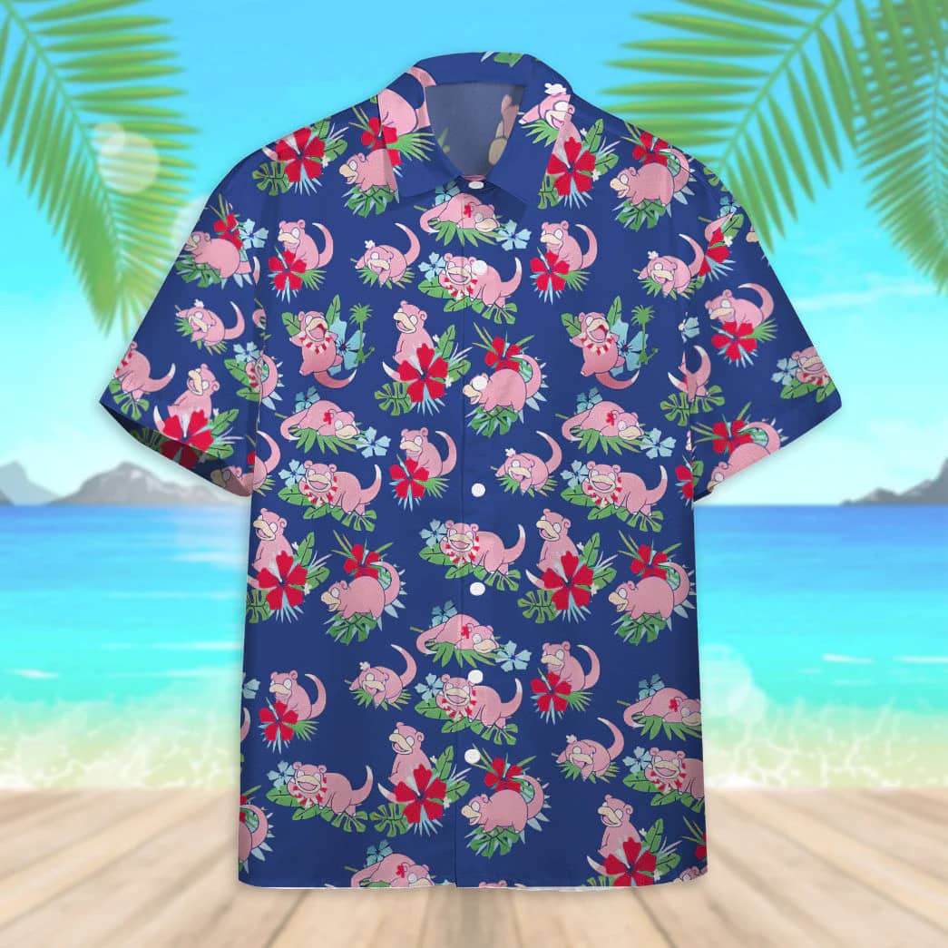 Pokemon Trendy Hawaiian Shirt Tropical Slowpoke Pink Blue Hawaii Shirt Pokemon