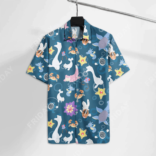 Pokemon Trendy Hawaiian Shirt Water Pokemon Dewgong Slowpoke Starmie Pattern Dark Ocean Blue Hawaii