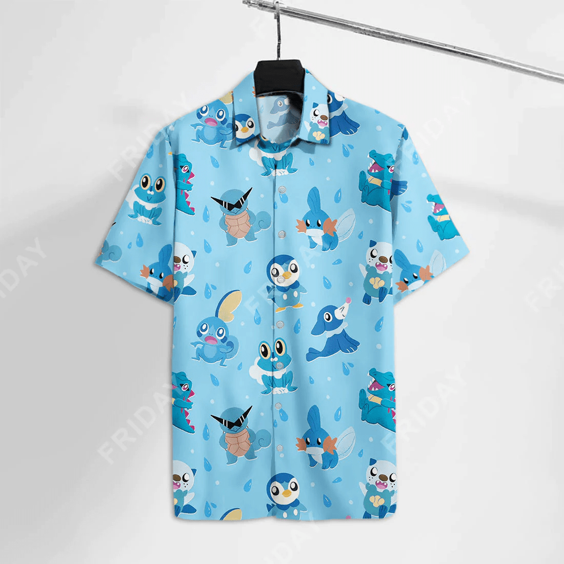 Pokemon Trendy Hawaiian Shirt Water Pokemon Oshawott Squirtle Totodile Pattern Blue Hawaii