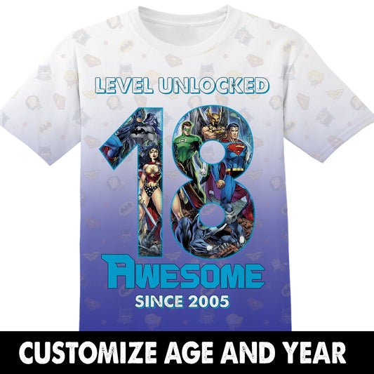 Birthday Gifts Level Unlocked Custom Age and Year DC Super Heroes SUPERMAN BATMAN Tshirt Adult And Kid Tshirt